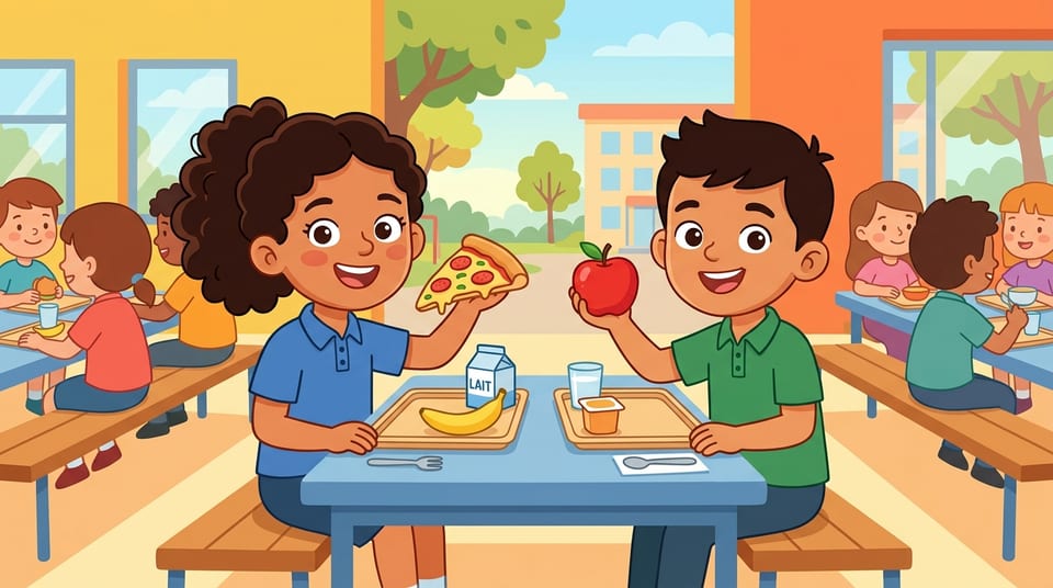 Yasmine et Adam partagent une pizza et des fruits à la cantine de l'école